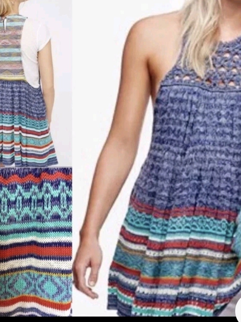 Free People Blue & Teal Striped Crochet Halter Top